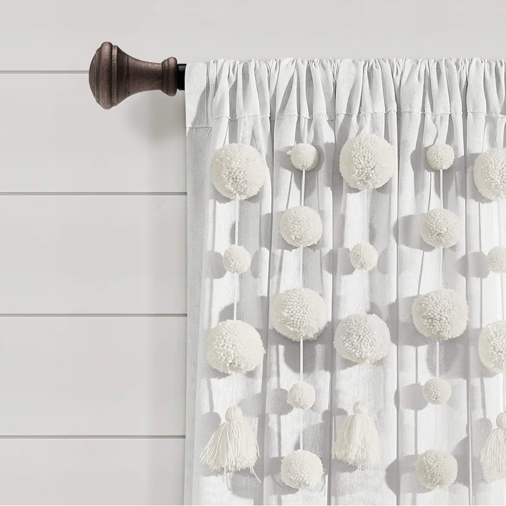 Lush Decor Boho Pom Pom Tassel Linen Textured Window Curtain Panel, Single panel